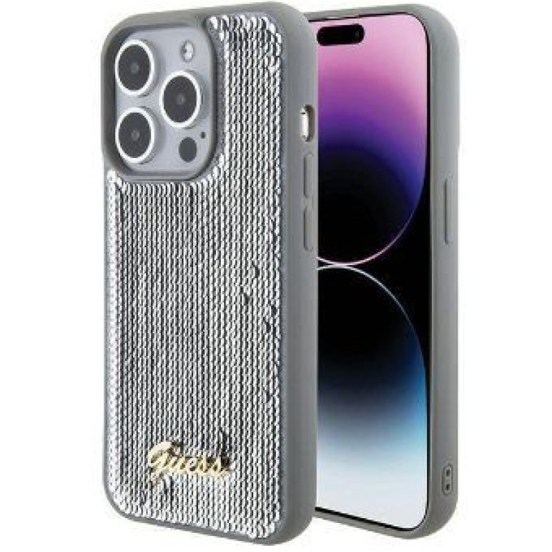 Guess Aizmugurējais vāciņš Guess Apple iPhone 15 Pro HC SEQUIN SCRIPT METAL Silver