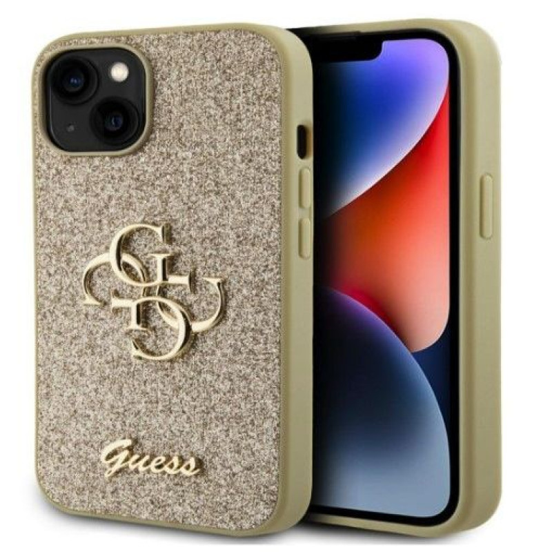 Guess Aizmugurējais vāciņš Guess Apple iPhone 15 Fixed Glitter 4G Metal Logo Case Gold