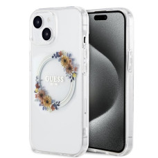 Guess Aizmugurējais vāciņš Guess Apple iPhone 15 PC TPU Flowers Ring Glossy Logo MagSafe Transparent