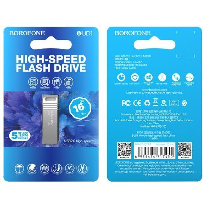 Borofone Zibatmiņa Borofone  PENDRIVE BUD1 NIMBLE USB 2.0 16GB Silver