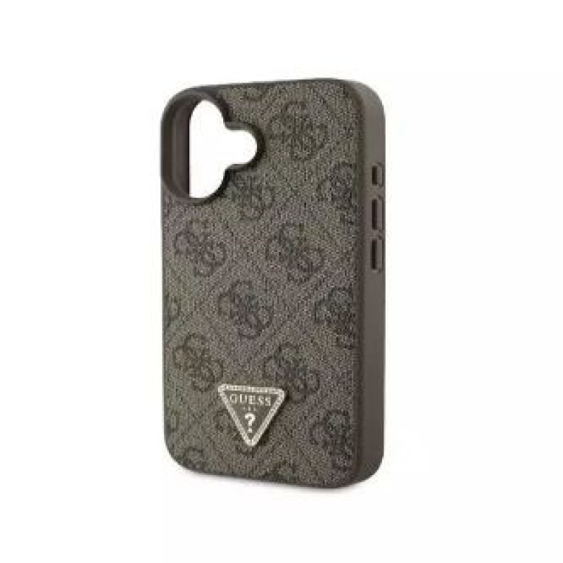 Guess Aizmugurējais vāciņš Guess Apple iPhone 16 PU 4G Strass Triangle Metal Logo Case Brown