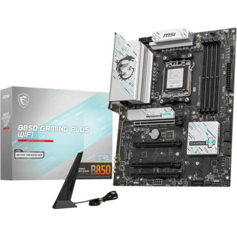 MSI Pamatplate AMD procesorsiem MSI  Mainboard||AMD B850|SAM5|ATX|Memory DDR5|Memory slots 4|4xPCI-Express 16x|3xM.2|1xDisplayPort|1xAudio-In|1xAudio-Out|1xMicrophone|4xUSB 2.0|2xUSB 3.2|2xUSB-C|1xOptical S/PDIF|1xRJ45|B850GAMINGPLUSWIFI