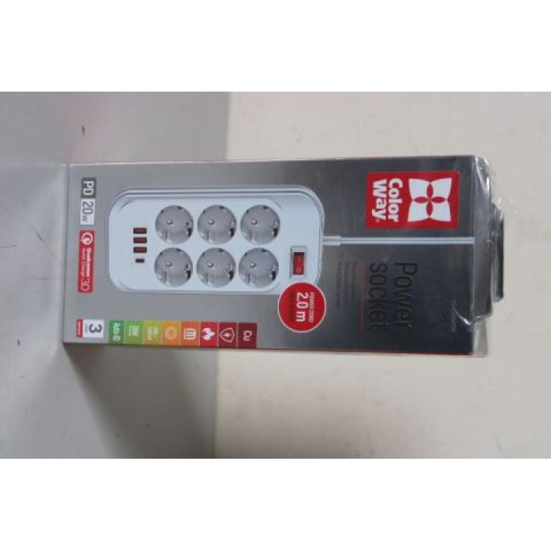 Colorway Kabelis ColorWay  SALE OUT.  CW-CHE64PDW Power Socket: 6xEU plugs/3xUSB-A/1xUSB-C White 2M |  | Power Socket | CW-CHE64PDW | DAMAGED PACKAGING