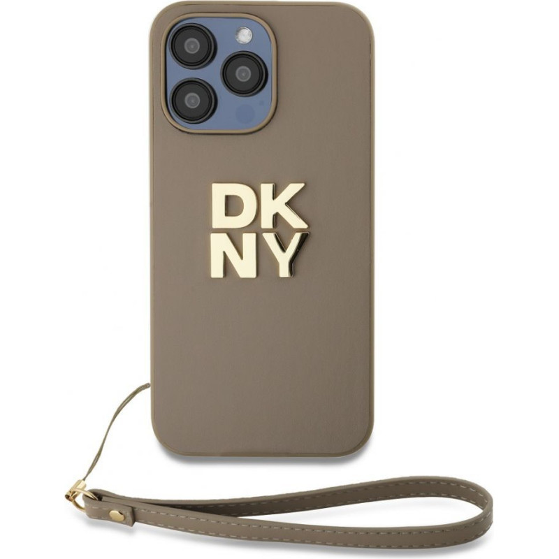 Dkny Aizmugurējais vāciņš DKNY Apple DKNY PU Leather Stack Logo Wrist Strap Case for iPhone 15 Pro Max Beige