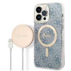 Guess Aizmugurējais vāciņš Guess Apple iPhone 14 Pro Max MagSafe Compatible Case + Wireless Charger Blue