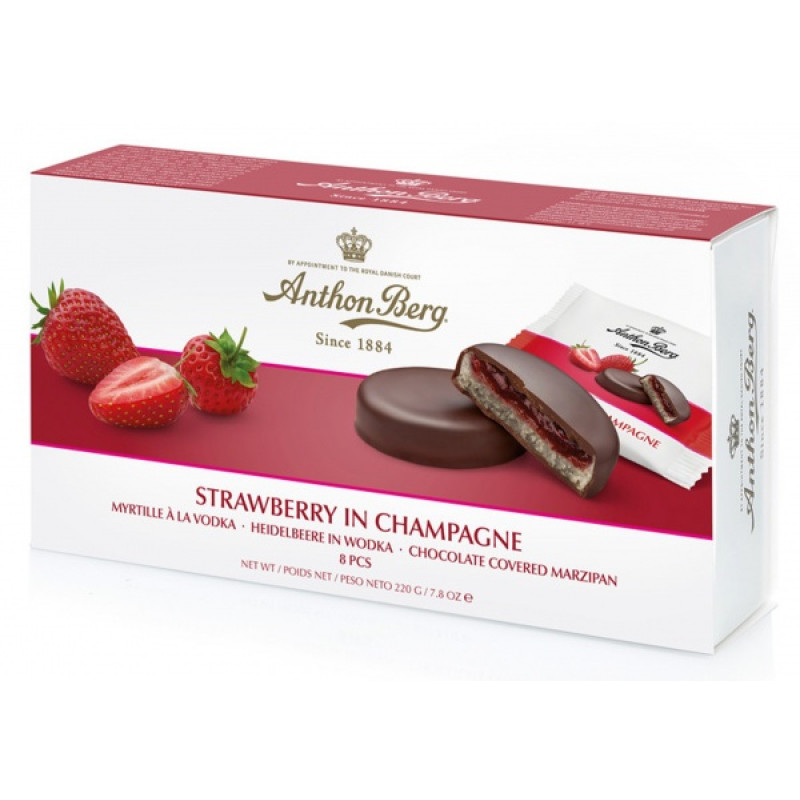Anthon Berg Strawberry In Champagne šokolādes konfektes- zemenes šampanietī 220g
