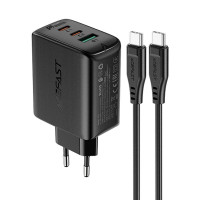 Acefast Adapteris Acefast  Acefast 2in1 wall charger 2x USB-C / USB-A 65W, PD, QC 3.0, AFC, FCP (set with USB-C 1.2m cable) black (A13 black)