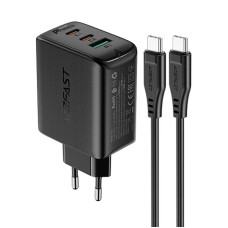 Acefast Adapteris Acefast  Acefast 2in1 wall charger 2x USB-C / USB-A 65W, PD, QC 3.0, AFC, FCP (set with USB-C 1.2m cable) black (A13 black)