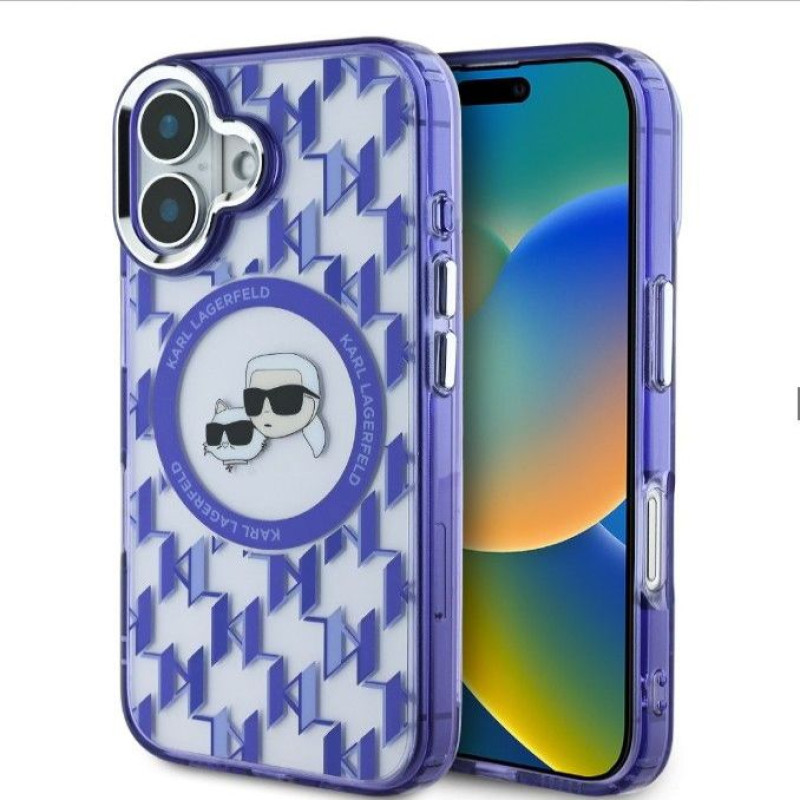 Karl Lagerfeld Aizmugurējais vāciņš Karl Lagerfeld Apple iPhone 16  IML Monogram K&CH Heads MagSafe Case Blue