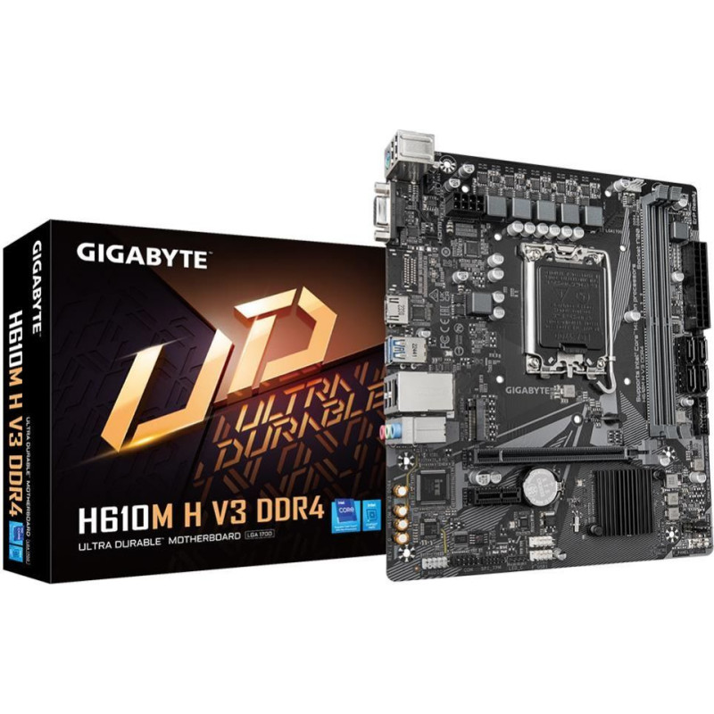 Gigabyte Pamatplate Intel procesorsiem Gigabyte  Mainboard||Intel H610|LGA1700|Micro-ATX|Memory DDR4|Memory slots 2|1xPCI-Express 3.0 1x|1xPCI-Express 4.0 16x|1xM.2|1x15pin D-sub|1xHDMI|4xUSB 2.0|2xUSB 3.2|1xPS/2|1xRJ45|3xAudio port|H610MHV3DDR4