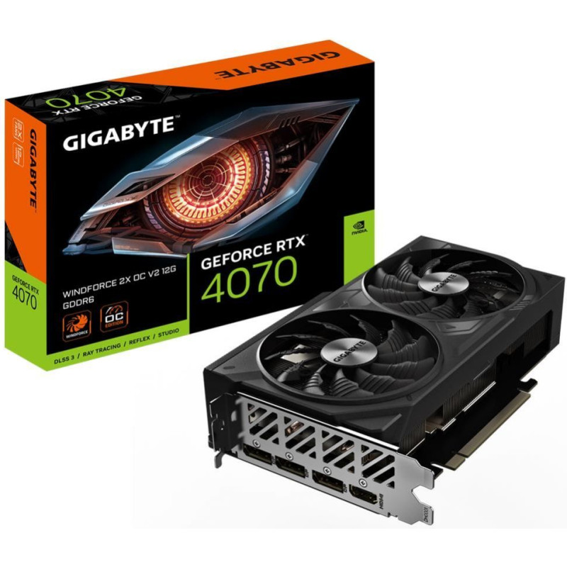 Gigabyte Grafiskās karte / Video kartes Gigabyte  Graphics Card||NVIDIA GeForce RTX 4070|12 GB|GDDR6|192 bit|PCIE 4.0 16x|GPU 2490 MHz|Dual Slot Fansink|1xHDMI|3xDisplayPort|GV-N4070WF2OCV2-12GD