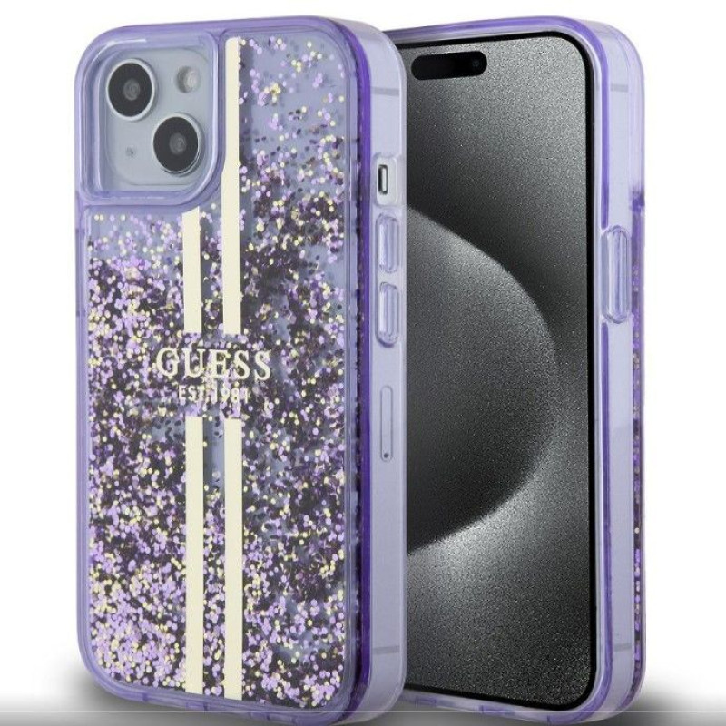 Guess Aizmugurējais vāciņš Guess Apple iPhone 15 PC/TPU Liquid Glitter Gold Stripe Case Purple