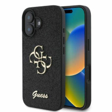 Guess Aizmugurējais vāciņš Guess Apple iPhone 16 PU Fixed Glitter 4G Metal Logo Case Black