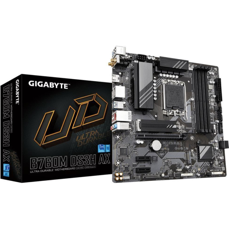 Gigabyte Pamatplate Intel procesorsiem Gigabyte  Mainboard||Intel B760 Express|LGA1700|Micro-ATX|Memory DDR5|Memory slots 4|2xPCI-Express 3.0 1x|1xPCI-Express 4.0 16x|2xM.2|1xHDMI|2xDisplayPort|2xAudio-In|1xAudio-Out|2xUSB 2.0|3xUSB 3.2|1xUSB-C|1xPS/2|1xR