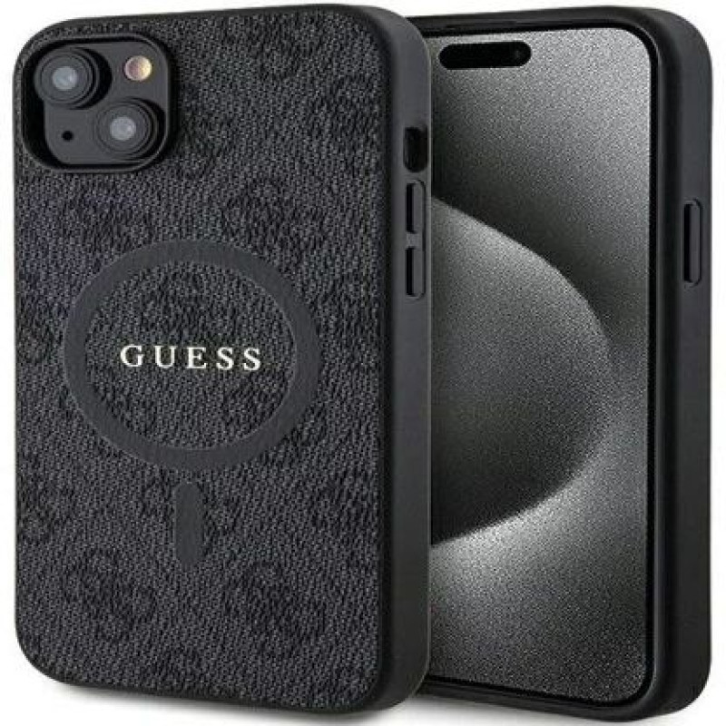 Guess Aizmugurējais vāciņš Guess Apple iPhone 15 4G Collection Leather Metal Logo MagSafe Black