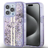 Guess Aizmugurējais vāciņš Guess Apple iPhone 15 Pro PC/TPU Liquid Glitter Gold Stripe Case