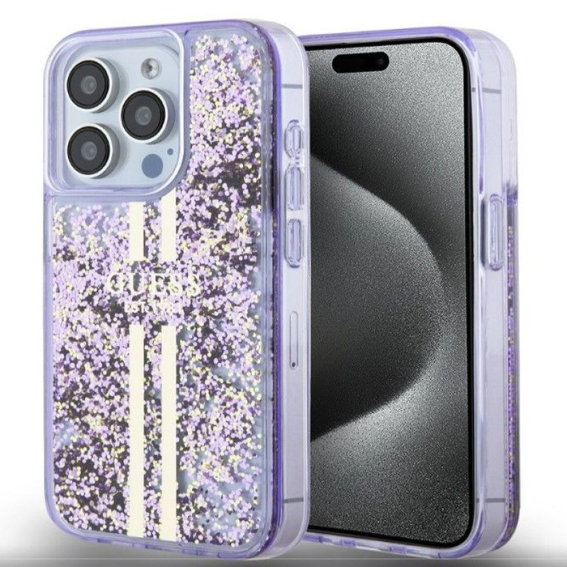 Guess Aizmugurējais vāciņš Guess Apple iPhone 15 Pro PC/TPU Liquid Glitter Gold Stripe Case