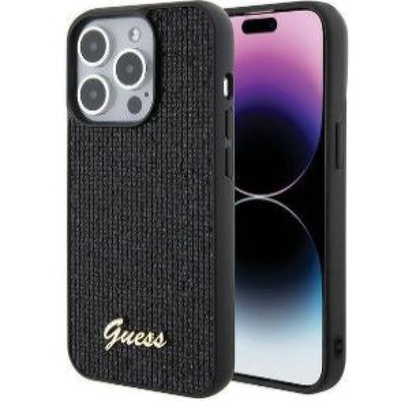 Guess Aizmugurējais vāciņš Guess - iPhone 15 Pro HC PU DISCO SCRIPT METAL Black