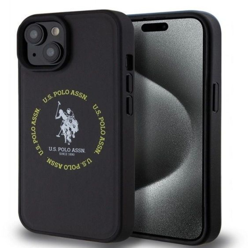U.s. Polo Pu Aizmugurējais vāciņš U.S. Polo PU Apple iPhone 15 Leather Printed Round Double Horse MagSafe Case Black