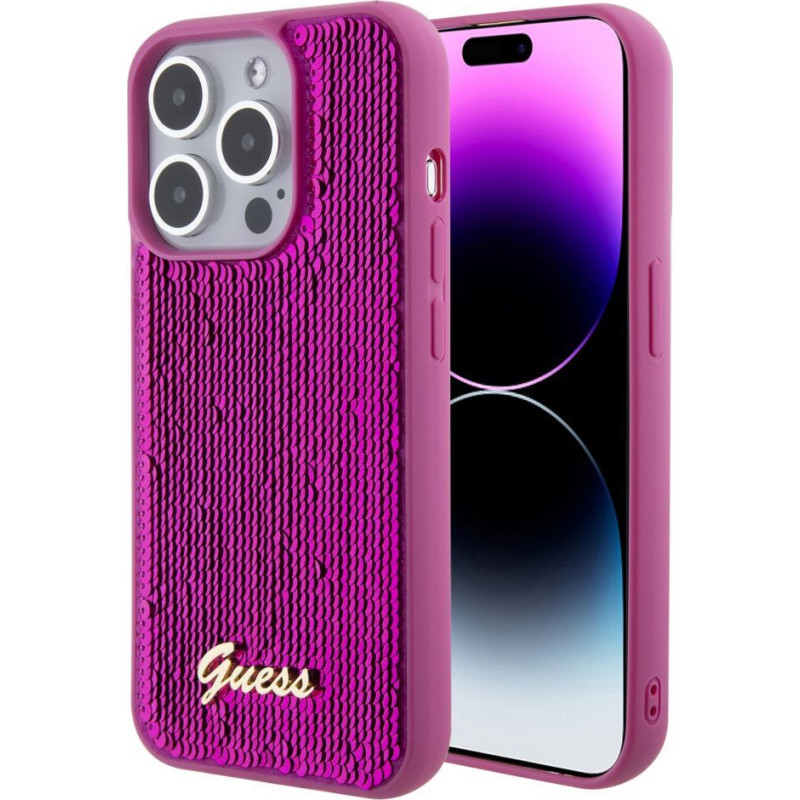Guess Aizmugurējais vāciņš Guess - Guess Sequin Script Logo Case for iPhone 15 Magenta