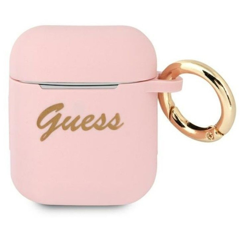 Guess Maciņš austiņām Guess Apple AirPods 1/2 Silicone Vintage Script case Pink