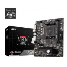 MSI Pamatplate AMD procesorsiem MSI  Mainboard||AMD A520|SAM4|MicroATX|1xPCI-Express 3.0 1x|1xPCI-Express 3.0 16x|1xM.2|Memory DDR4|Memory slots 2|1xDVI|1xHDMI|2xAudio-Out|2xUSB 2.0|4xUSB 3.2|1xRJ45|A520M-APRO