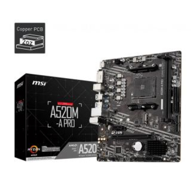 MSI Pamatplate AMD procesorsiem MSI  Mainboard||AMD A520|SAM4|MicroATX|1xPCI-Express 3.0 1x|1xPCI-Express 3.0 16x|1xM.2|Memory DDR4|Memory slots 2|1xDVI|1xHDMI|2xAudio-Out|2xUSB 2.0|4xUSB 3.2|1xRJ45|A520M-APRO