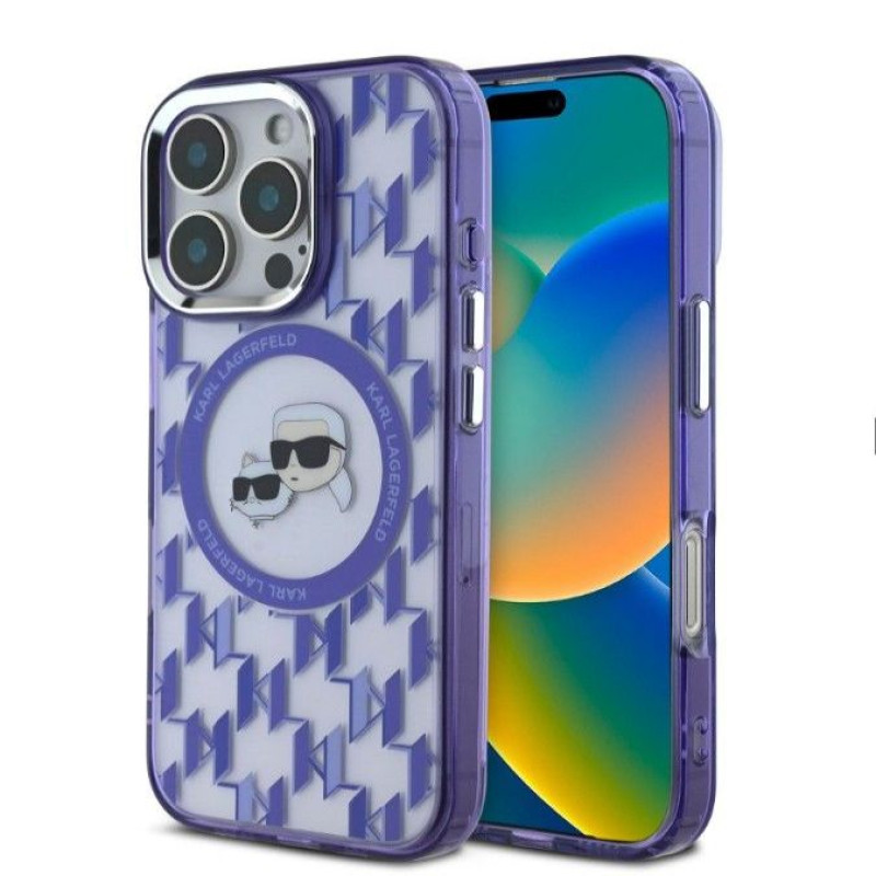 Karl Lagerfeld Aizmugurējais vāciņš Karl Lagerfeld Apple iPhone 16 Pro IML Monogram K&CH Heads MagSafe Case Blue