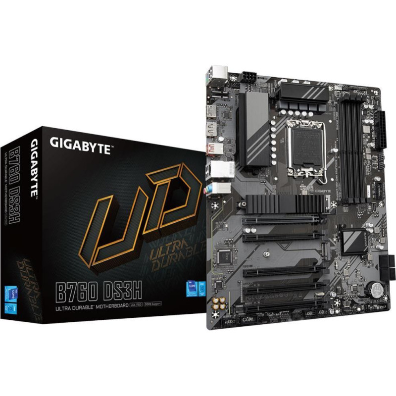 Gigabyte Pamatplate Intel procesorsiem Gigabyte  Mainboard||Intel B760 Express|LGA1700|ATX|Memory DDR5|Memory slots 4|4xPCI-Express 3.0 1x|1xPCI-Express 4.0 16x|2xM.2|1xHDMI|1xDisplayPort|4xUSB 2.0|1xUSB 3.2|1xUSB-C|1xPS/2|1xRJ45|3xAudio port|B760DS3H