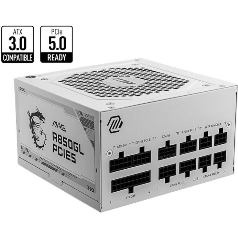 MSI Barošanas bloks MSI  Power Supply||850 Watts|Efficiency 80 PLUS GOLD|PFC Active|MAGA850GLPCIE5WHITE