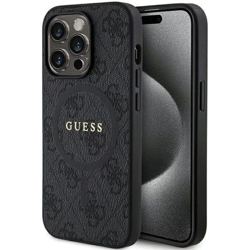 Guess Aizmugurējais vāciņš Guess Apple iPhone 15 Pro 4G Collection Leather Metal Logo MagSafe Black
