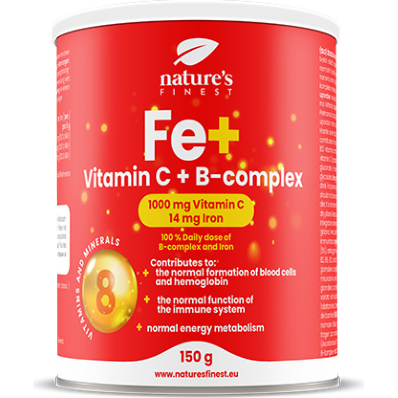 Nature's finest Iron + B-komplex+vitamin C. Augstas absorbcijas dzels glukonāta, C un B grupas vitmaīnu komplekss. Bez cukura. 150g