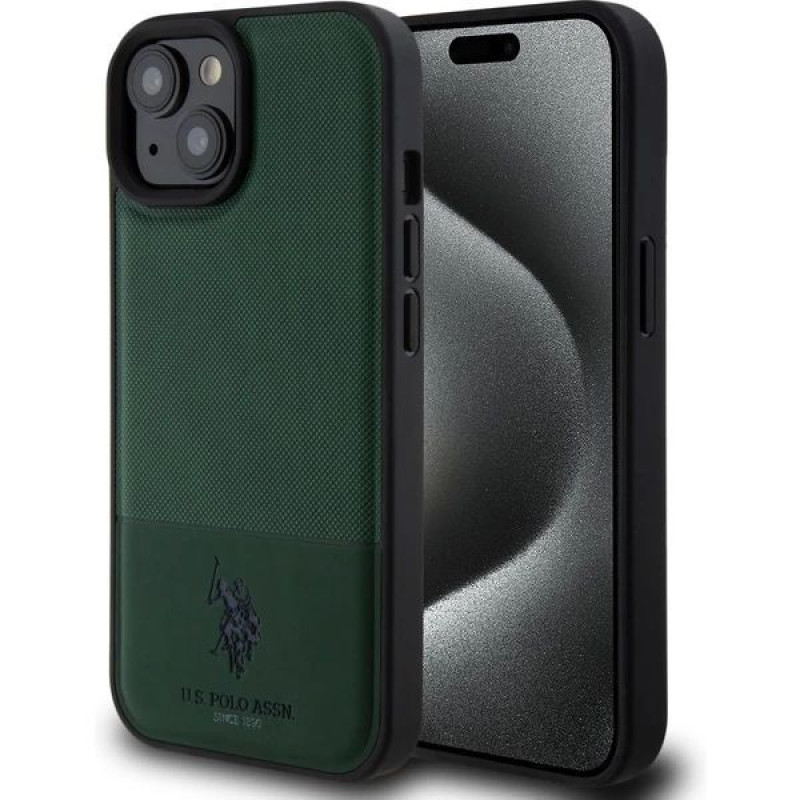 U.s. Polo Pu Aizmugurējais vāciņš U.S. Polo PU Apple iPhone 15 Leather Mesh Pattern Double Horse Case Green