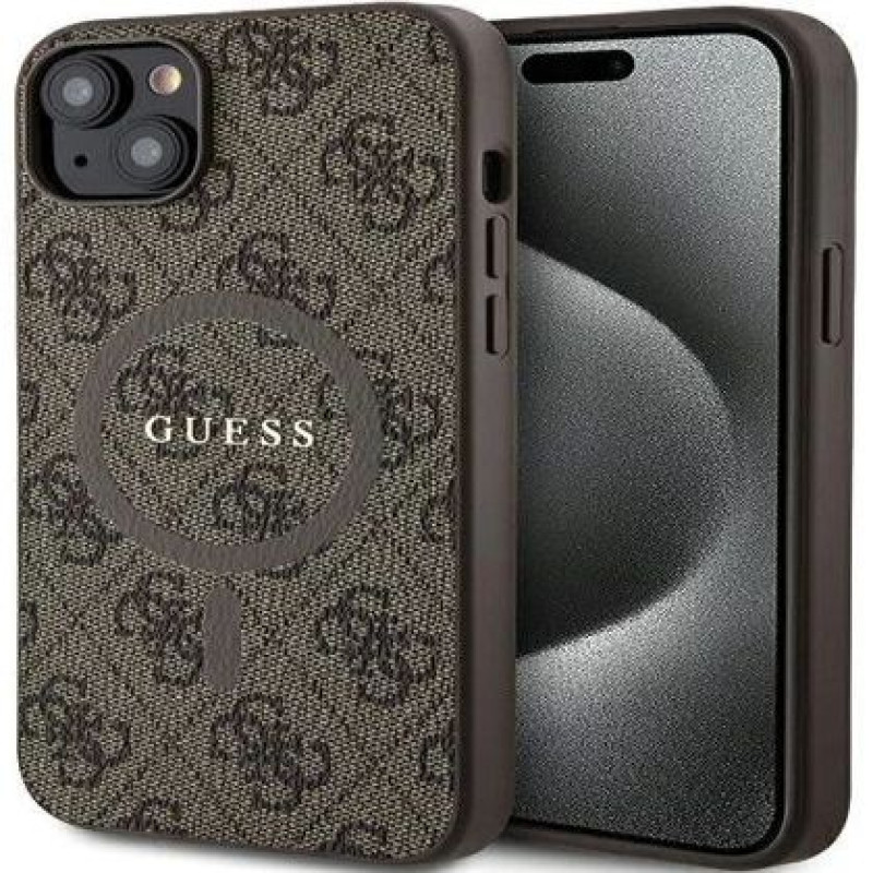 Guess Aizmugurējais vāciņš Guess Apple iPhone 15 4G Collection Leather Metal Logo MagSafe Brown