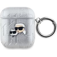 Karl Lagerfeld Aizmugurējais vāciņš Karl Lagerfeld - Karl Lagerfeld PU Embossed Karl and Choupette Heads Case for AirPods 1/2 Silver