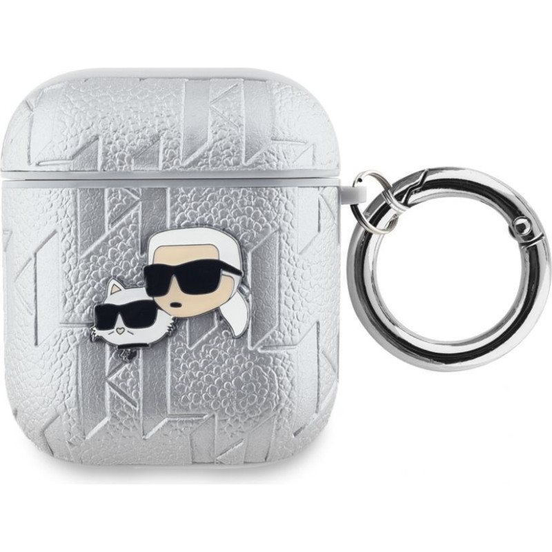 Karl Lagerfeld Aizmugurējais vāciņš Karl Lagerfeld - Karl Lagerfeld PU Embossed Karl and Choupette Heads Case for AirPods 1/2 Silver