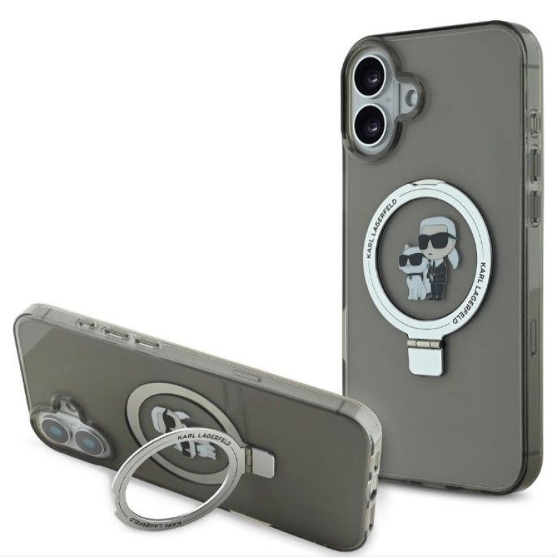 Karl Lagerfeld Aizmugurējais vāciņš Karl Lagerfeld Apple iPhone 16 Ringstand Karl and Choupette MagSafe Case Black