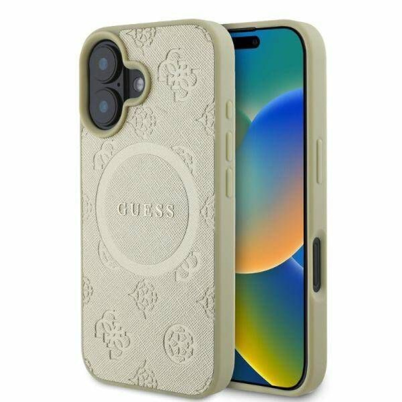 Guess Aizmugurējais vāciņš Guess Apple iPhone 16 Saffiano Peony Stamp MagSafe Case Gold