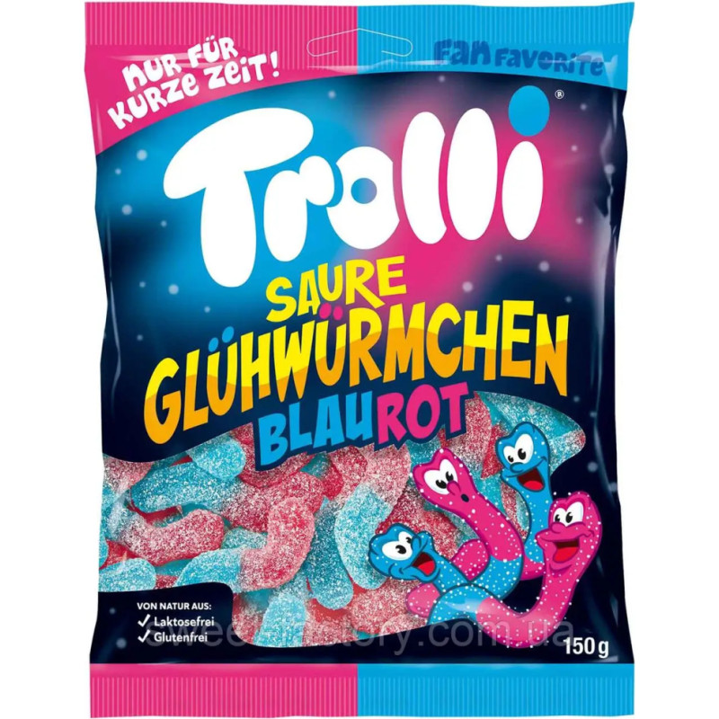 TROLLI Saure Glühwürmchen Blaurot želejas konfektes 150g