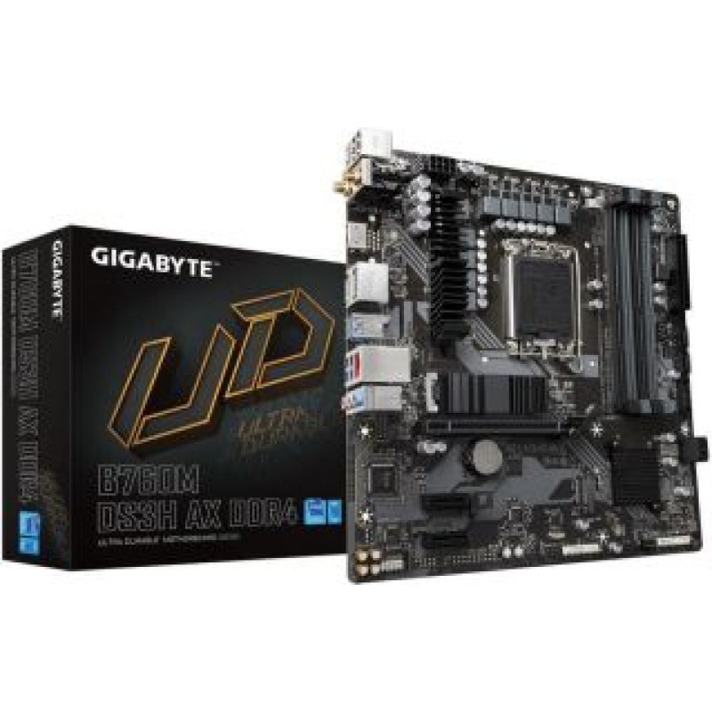 Gigabyte Pamatplate Intel procesorsiem Gigabyte  Mainboard||Intel B760 Express|LGA1700|Micro-ATX|Memory DDR4|Memory slots 4|2xPCI-Express 3.0 1x|1xPCI-Express 4.0 16x|2xM.2|1xHDMI|2xDisplayPort|2xAudio-In|1xAudio-Out|2xUSB 2.0|3xUSB 3.2|1xUSB-C|1xPS/2|1xR