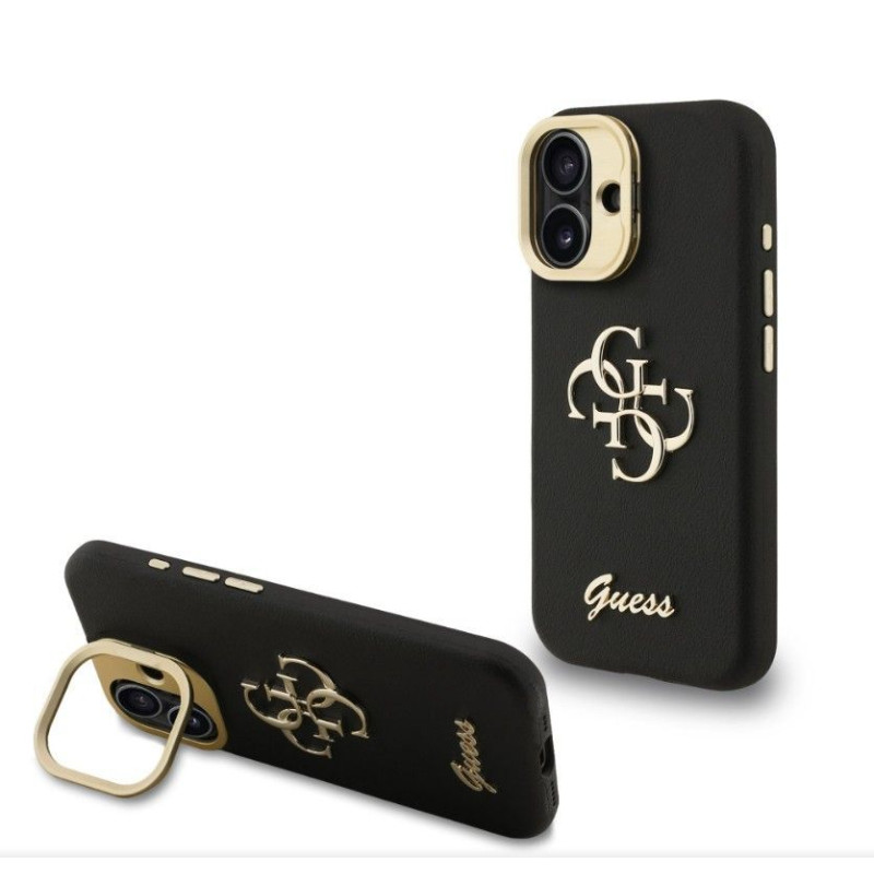 Guess Aizmugurējais vāciņš Guess Apple iPhone 16 PU Grained 4G Logo Stand Camera Frame Case Black