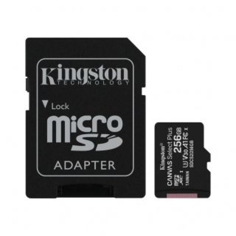 Kingston Atmiņas kartes Kingston  Canvas Select Plus UHS-I 256 GB, MicroSDXC, Flash memory class 10, SD Adapter