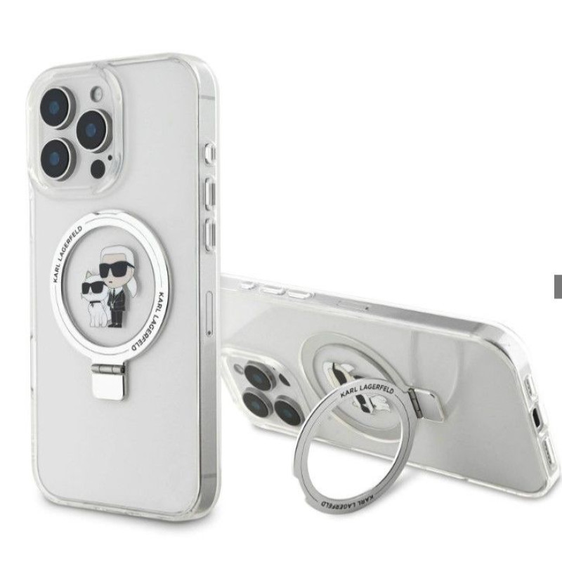 Karl Lagerfeld Aizmugurējais vāciņš Karl Lagerfeld Apple iPhone 16 Pro Max Ringstand Karl and Choupette MagSafe Case White