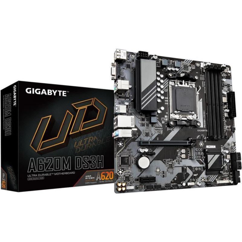 Gigabyte Pamatplate AMD procesorsiem Gigabyte  Mainboard||AMD A620|SAM5|Micro-ATX|Memory DDR5|Memory slots 4|1xPCI-Express 4x|1xPCI-Express 3.0 1x|1xM.2|1x15pin D-sub|1xHDMI|1xDisplayPort|4xUSB 2.0|1xUSB 3.2|1xUSB-C|1xPS/2|1xRJ45|3xAudio port|A620MDS3H1.1