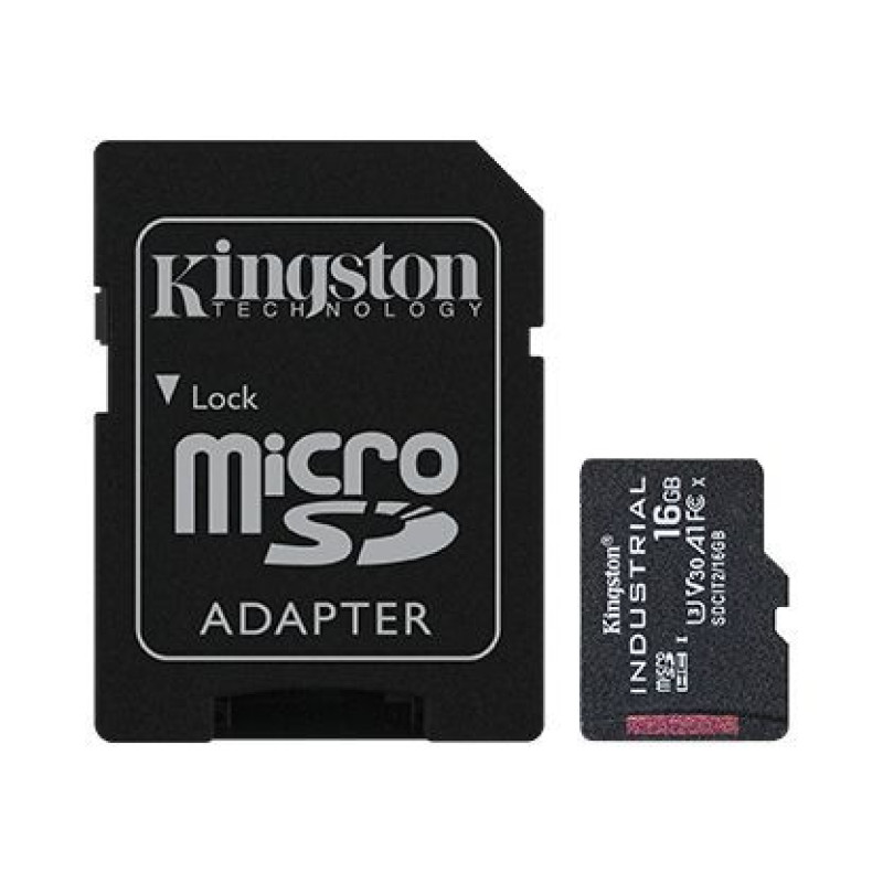 Kingston Atmiņas kartes Kingston  UHS-I 16 GB, microSDHC/SDXC Industrial Card, Flash memory class Class 10, UHS-I, U3, V30, A1, SD Adapter