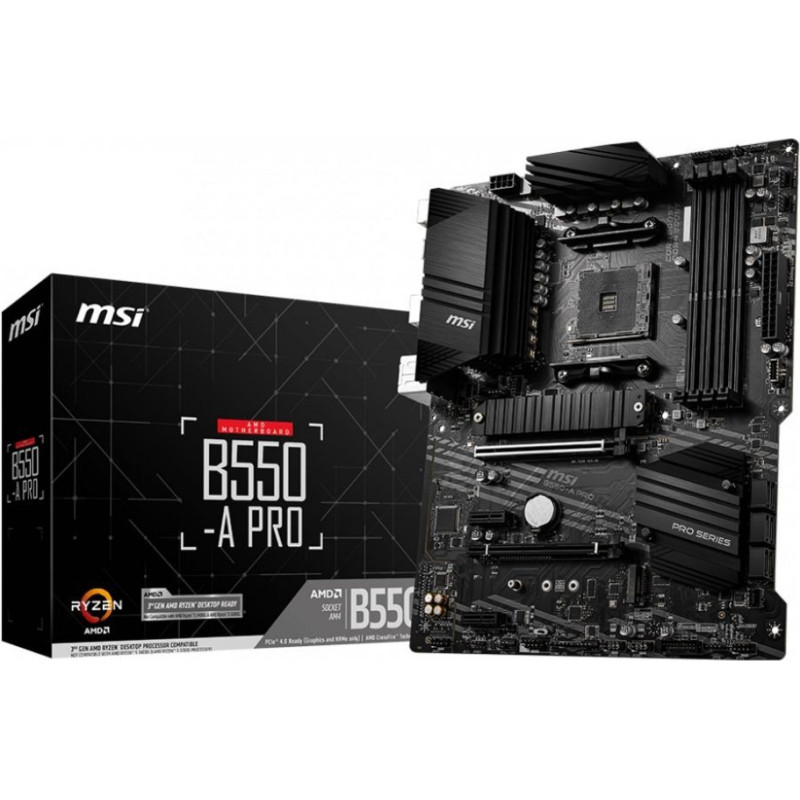 MSI Pamatplate Intel procesorsiem MSI  B550-A PRO Processor family AMD, Processor socket AM4, DDR4 DIMM, Memory slots 4, Supported hard disk drive interfaces 	SATA, M.2, Number of SATA connectors 6, Chipset AMD B550, ATX