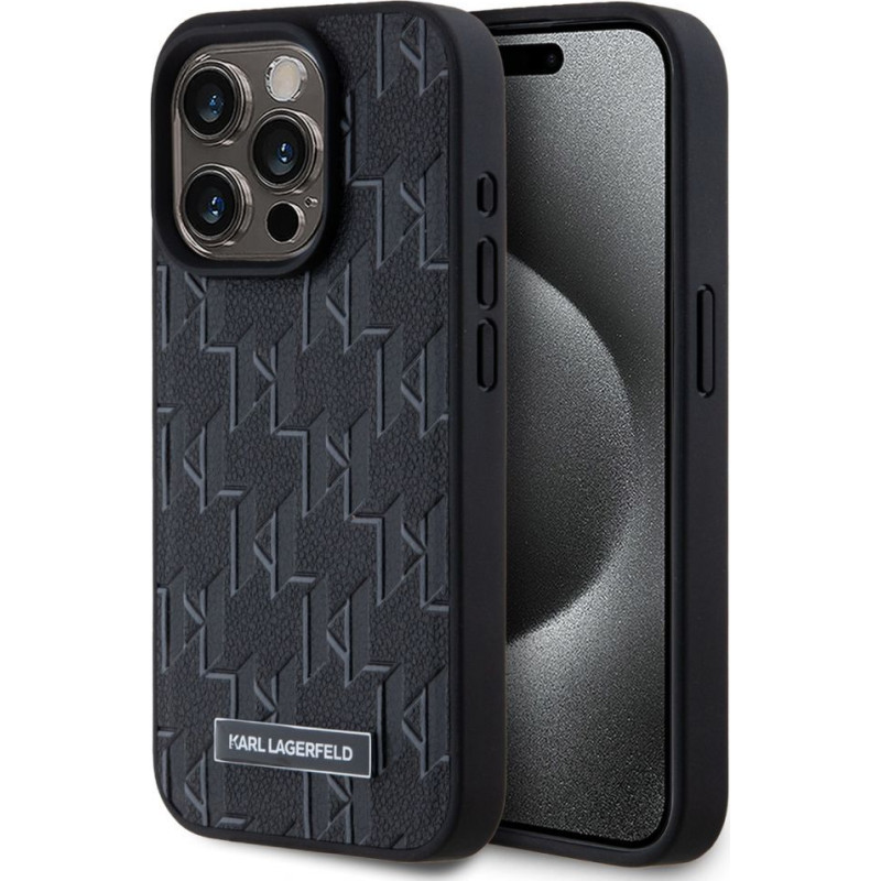 Karl Lagerfeld Aizmugurējais vāciņš Karl Lagerfeld - Karl Lagerfeld PU Leather Monogram Metal Logo MagSafe Case for iPhone 15 Pro Max Black