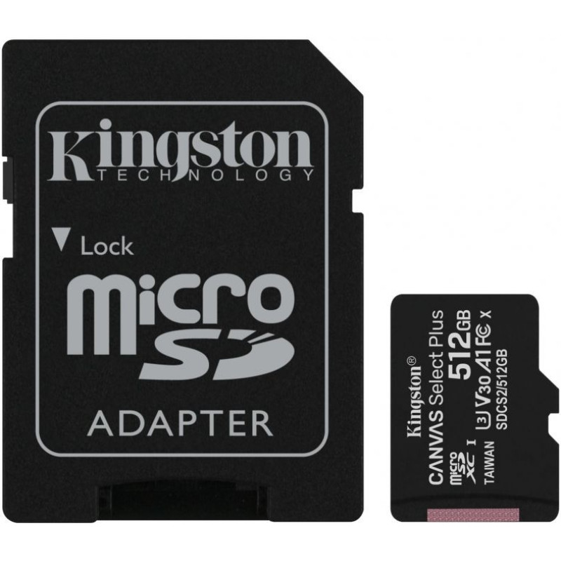 Kingston Atmiņas kartes Kingston  Canvas Select Plus 512 GB, Micro SD, Flash memory class 10, SD adapter