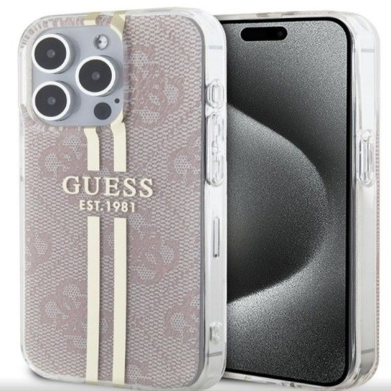Guess Aizmugurējais vāciņš Guess Apple iPhone 15 Pro IML 4G Gold Stripe Case Pink