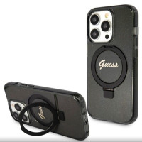 Guess Aizmugurējais vāciņš Guess Apple iPhone 15 Pro IML Ring Stand Glitter MagSafe Case Black